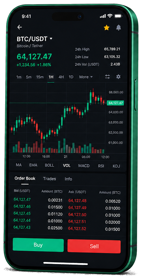 Plataforma de trading Ouro Digital para celular — gráfico BTC/USDT ao vivo, livro de ordens e painel de negociação